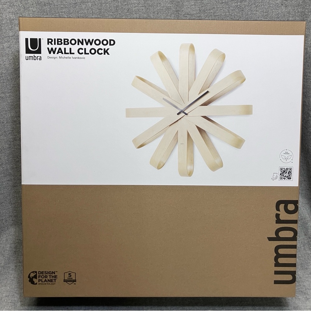 Umbra Ribbonwood Modern Wall Clock Natural Wood Color Silent Quartz Movement NIB